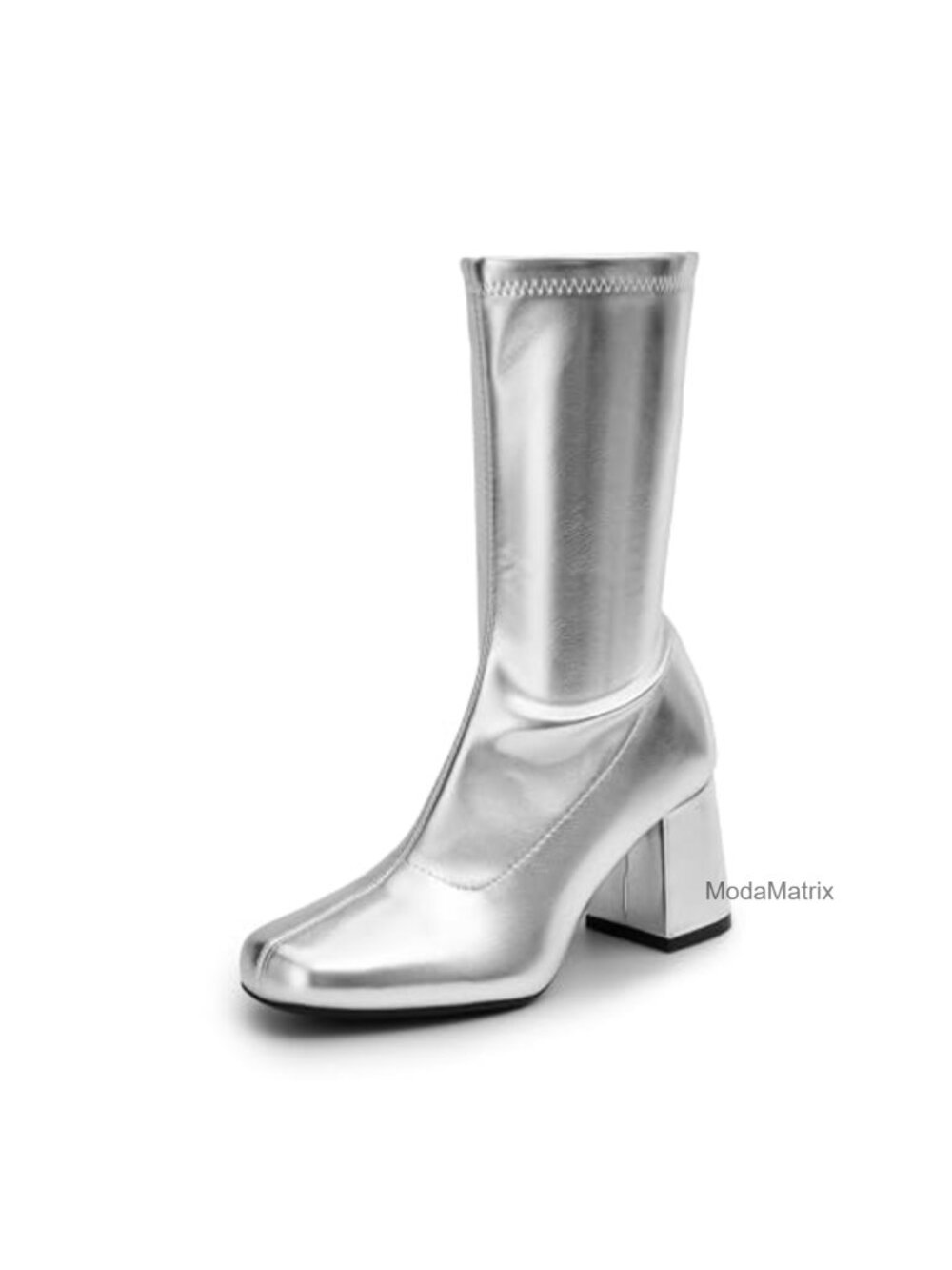 Mid Calf Block Heel Square Toe Boots with Synthetic Patent Finish
